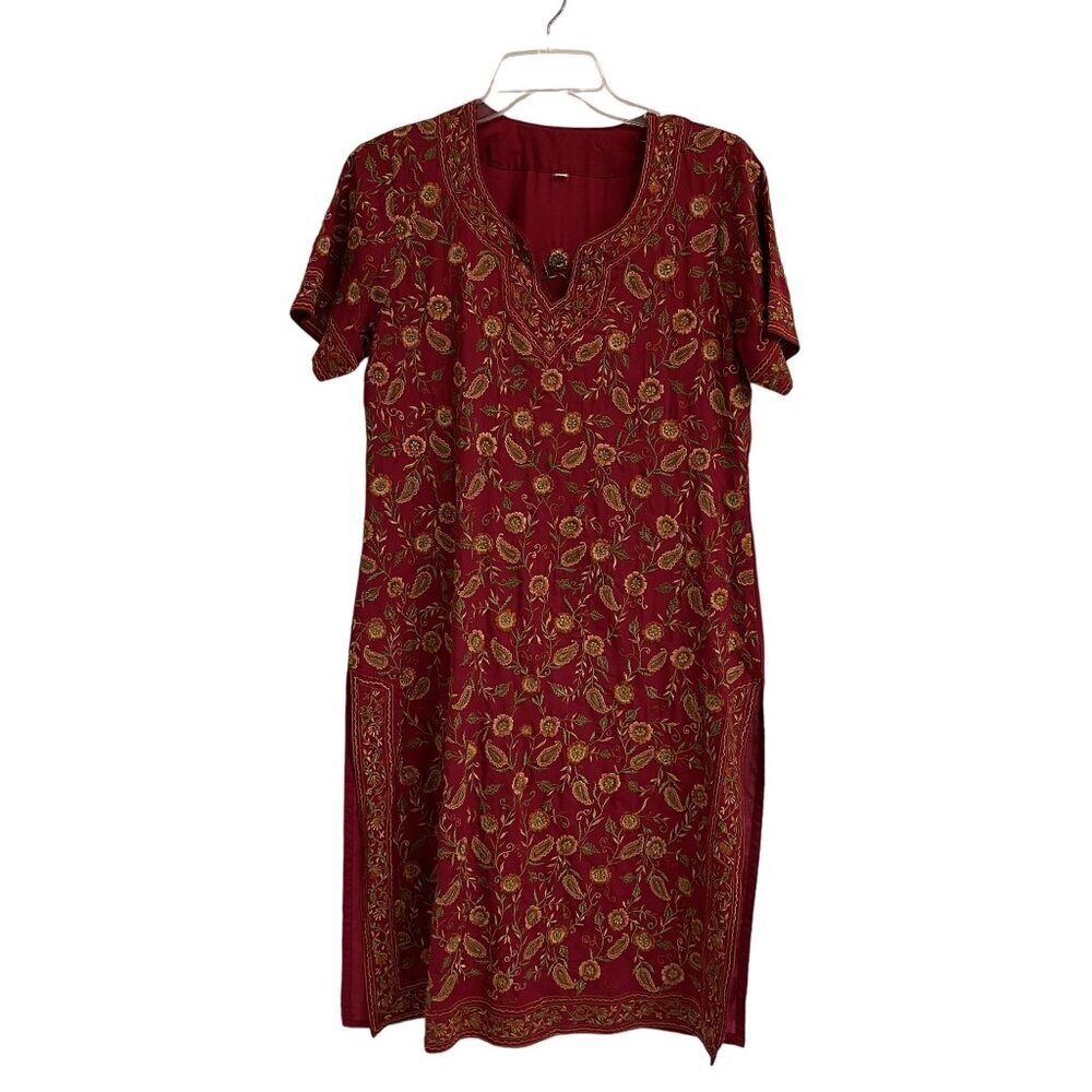 Indian Red Floral Embroidered Short Sleeve Kurta Dress and Pants 2 Piece Set - Picture 2 of 16